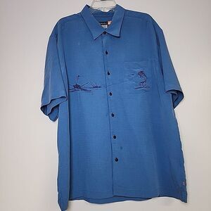 Quicksilver Shirt Men's 2XL Blue Embroidered Pocket Untucked Slit Side Fishing
